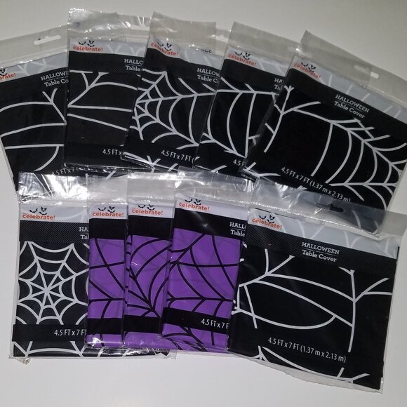 NEW 10 Packages Halloween Table Covers Lot Black Purple Spiderwebs 4.5'x7' Party - Picture 1 of 3